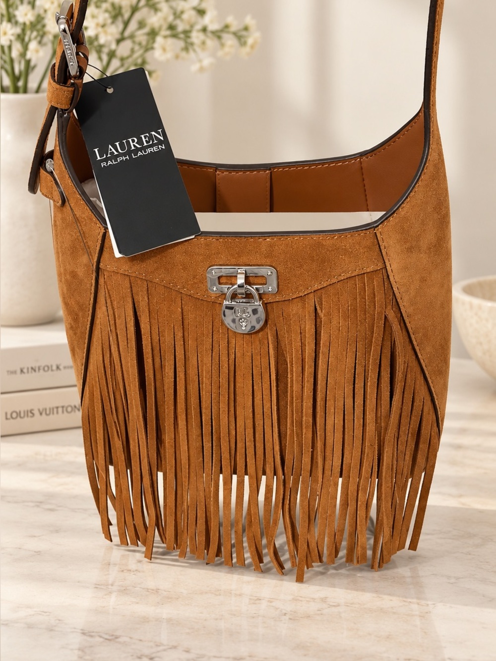 NWT Lauren Ralph Lauren Discontinued Cognac Suede Fringe Shoulder Bag